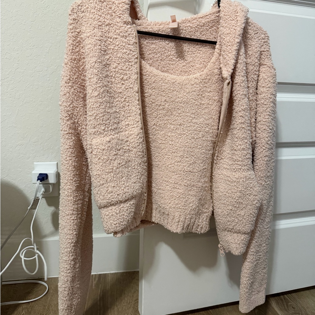 Skims Cozy Knit Pink Hoodie And Tank Set